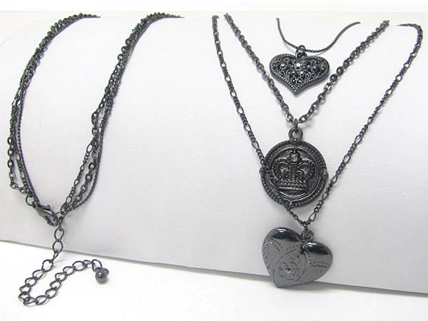 Antique look multi row heart and round charm dangle long chain necklace