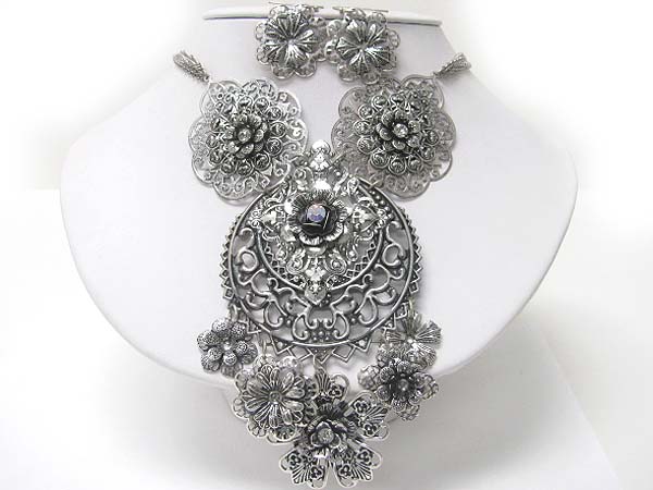 Glamorous look metal filigree flower necklace earring set