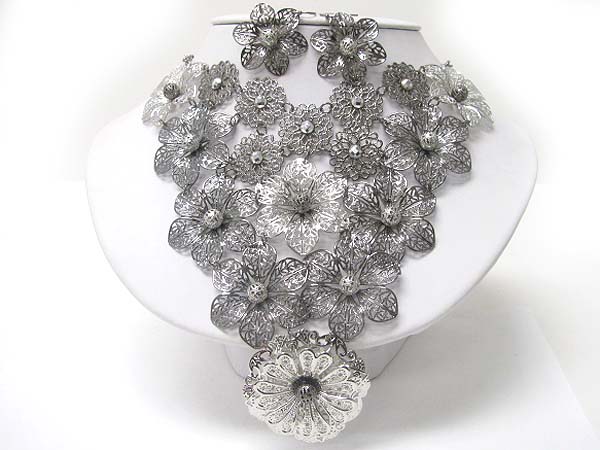 Glamorous look metal filigree flower necklace earring set