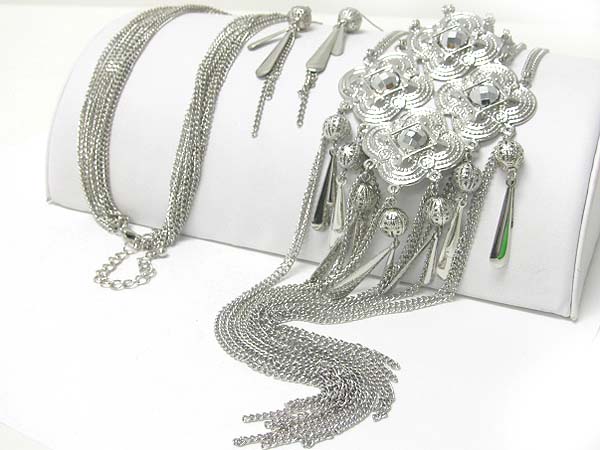 Metal design pendant and tassel long drop multi row chain neckalce earring set