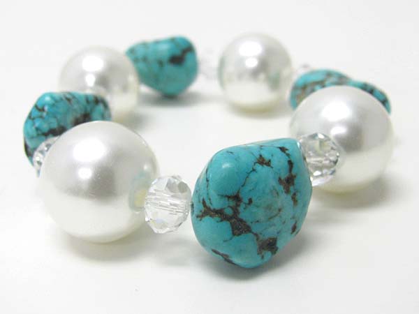 Natural stone and chunky pearl ball stretch bracelet