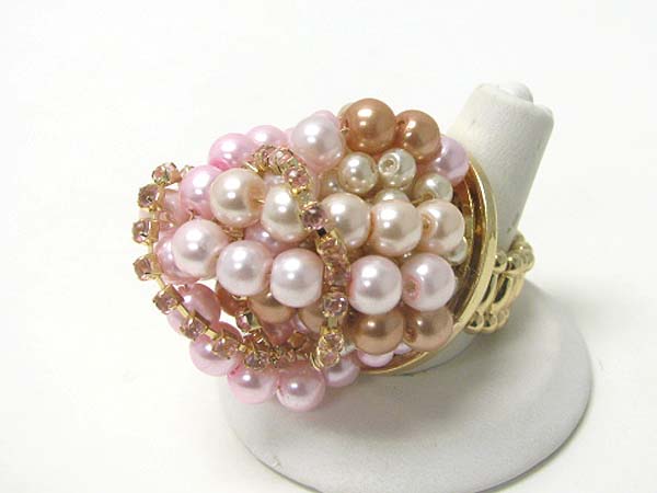 Multi pearl beads and rhinestone line tangle stretch ring