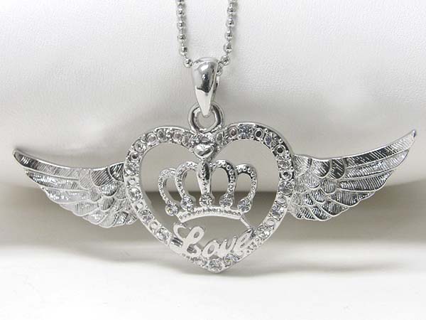 Made in korea whitegold plating crystal stud crown heart wing pendant necklace