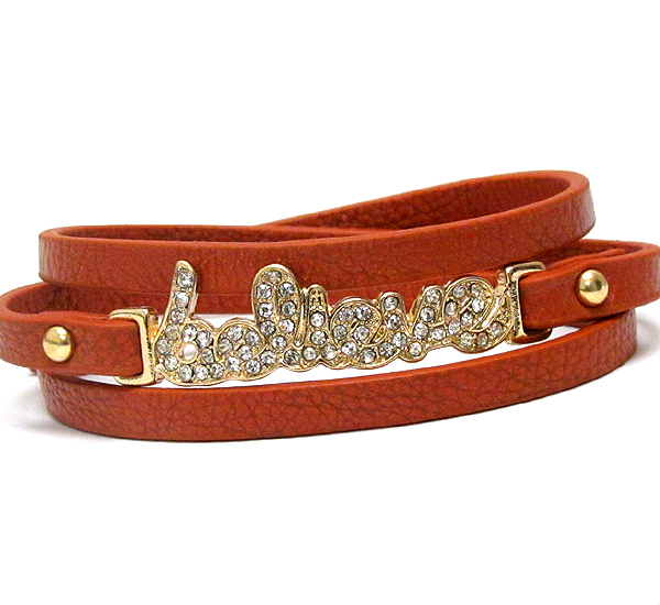 Crystal deco believe letter and leatherette band wrap bracelet