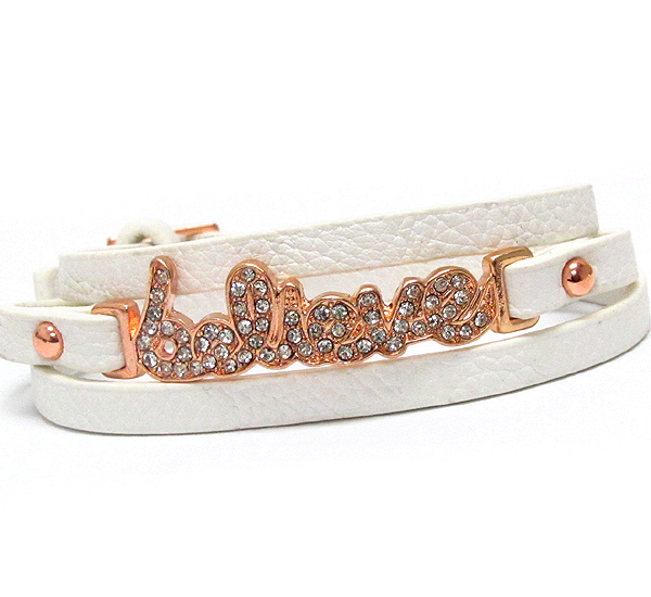 Crystal deco believe letter and leatherette band wrap bracelet