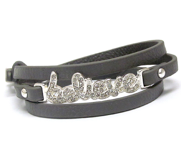 Crystal deco believe letter and leatherette band wrap bracelet