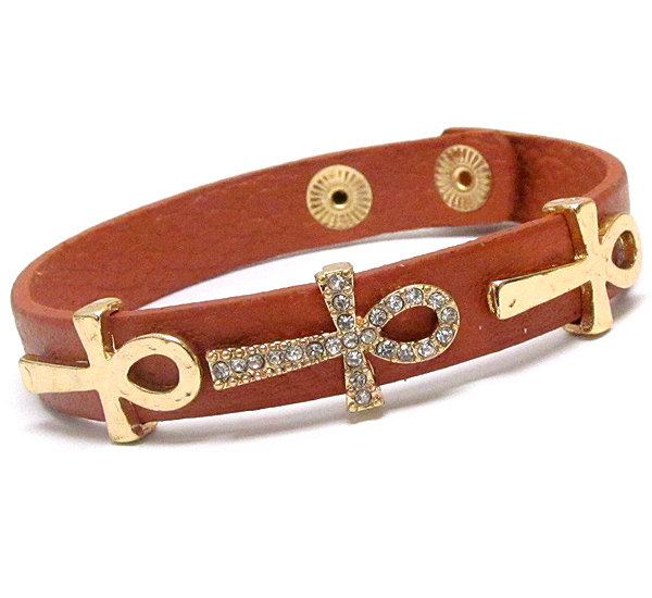 Multi crystal egyptian cross and leatherette band bracelet