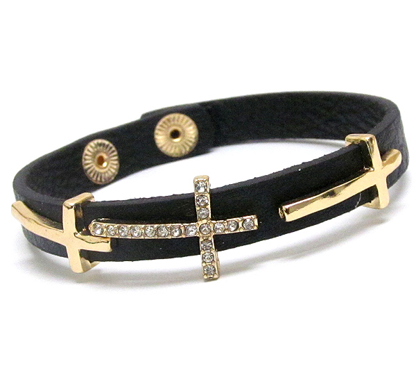 Multi crystal cross and leatherette band bracelet