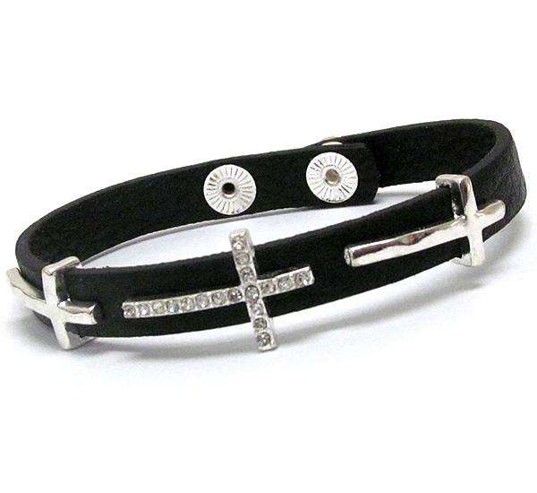 Multi crystal cross and leatherette band bracelet