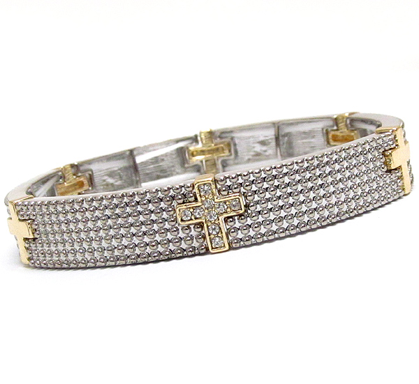 Crystal cross and textured metal band stretch bracelet