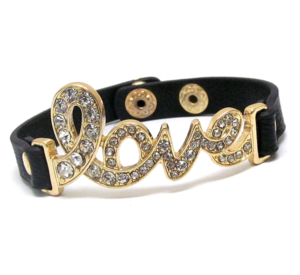 Crystal deco love letter and leatherette band bracelet