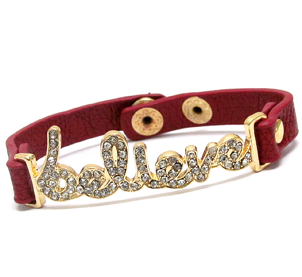 Crystal deco believe letter and leatherette band bracelet