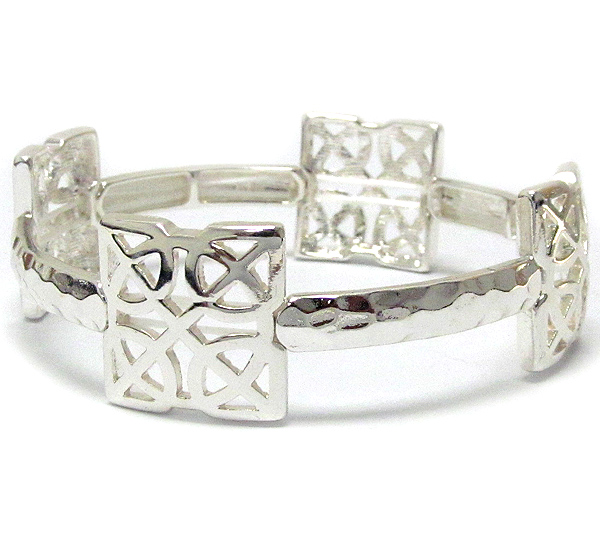 Designer pattern square and hammered metal band stretch bracelet