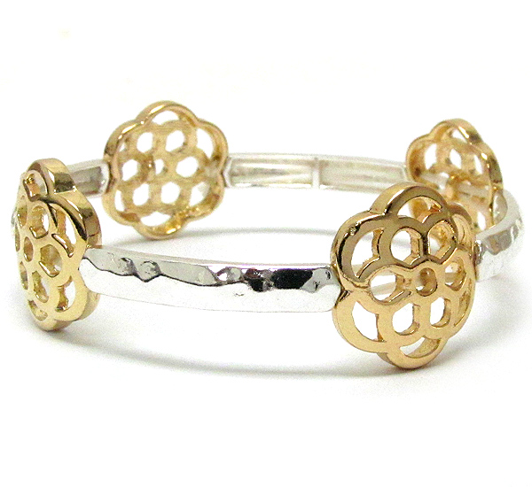 Designer pattern flower and hammered metal band stretch bracelet