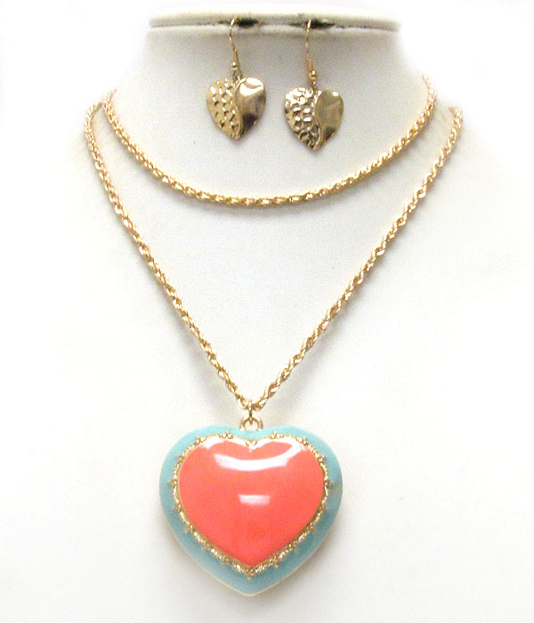 Epoxy deco puff heart pendant necklace earring set