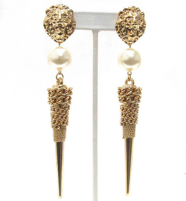 Lion head pearl and chain spike drop earring