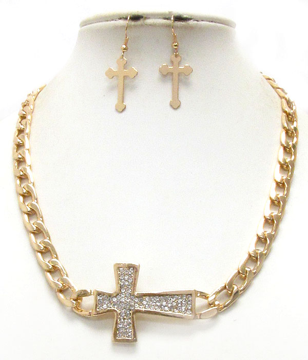 Side crystal cross pendant and thick chain necklace earring set