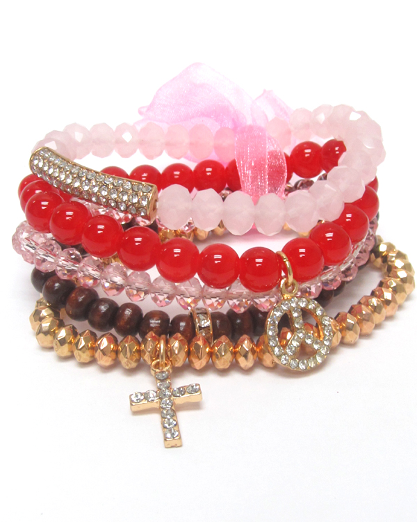 Cross and peach charm multi bead 5 set stretch bracelet