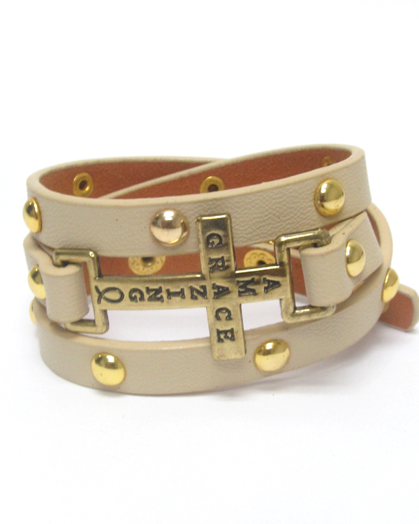 Religious theme cross leatherette wrap bracelet