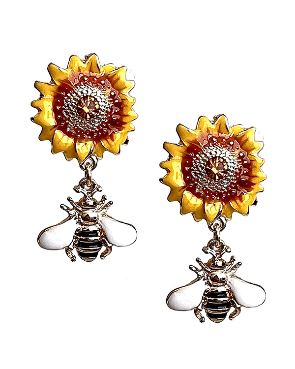 Garden theme sunflower and bee drop earring