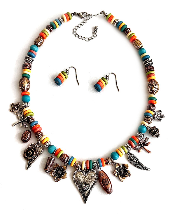 Western heart theme multi charm dangle necklace set