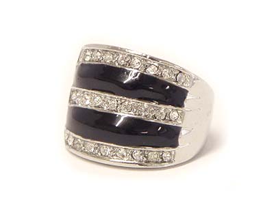 Three line crystal and black enamel fashion ring