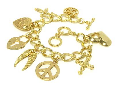 Peace wing cross and heart charm toggle bracelet