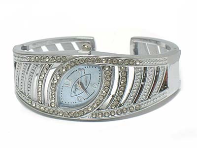 Crystal inclined oval face bangle watch