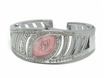 Crystal inclined oval face bangle watch