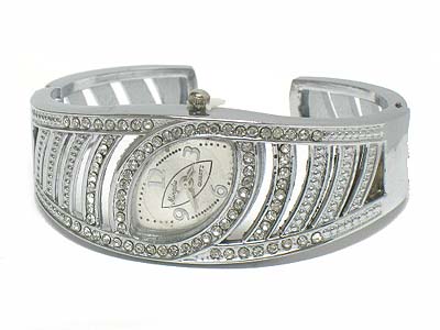 Crystal inclined oval face bangle watch