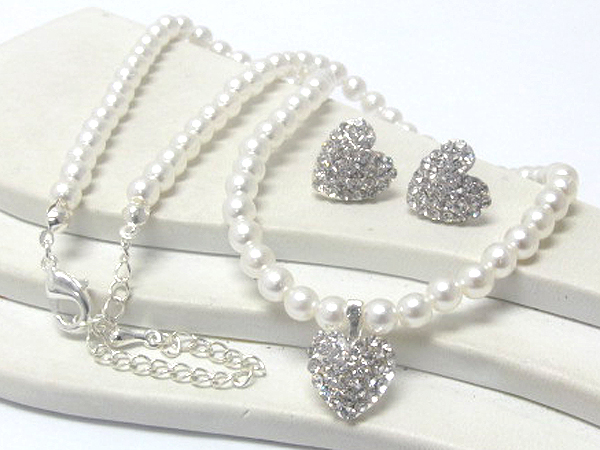 Crystal heart drop multi pearl necklace earring set