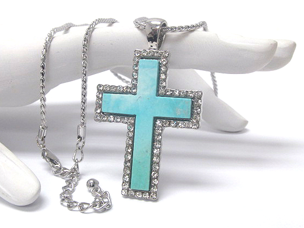 Crystal turquoise cross stone drop chain necklace