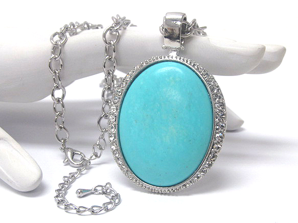 Crystal turquoise large oval stone drop chain necklace