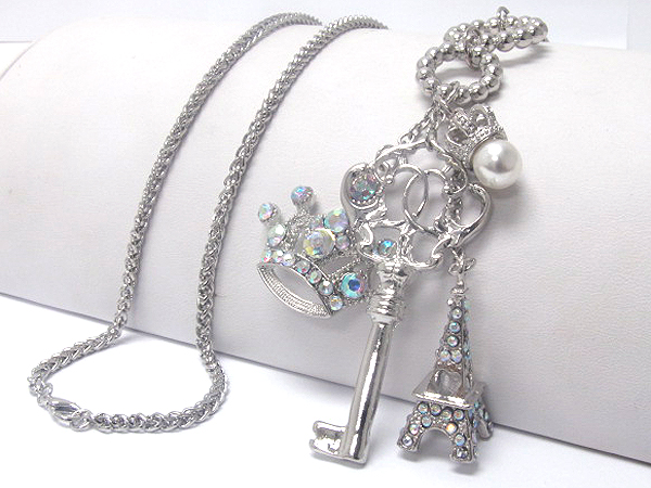 Eiffel tower and key and crown charm long necklace