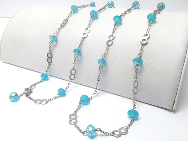 Multi crystal glass with double ring chain long chain necklace 