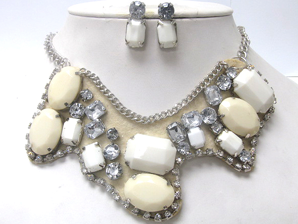 Crystal metal and acryl stone deco bib necklace earring set