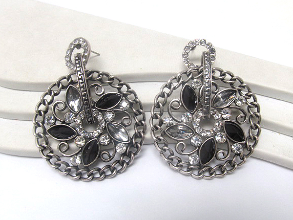 Round fashion metal with crystal and crystal glass leaf patern earring  