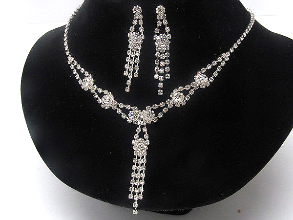 Oval rhinestone patern drop dangle party chain necklace earring set