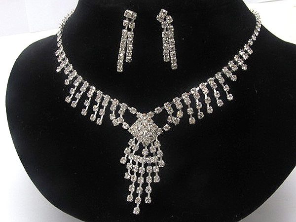 Multi rhinestone center square drop dangle party necklace earring set