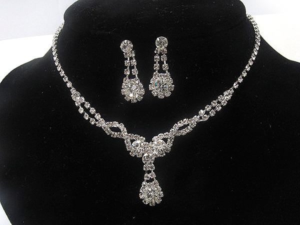 Multi line rhinestone twist and tear drop party necklace earring set