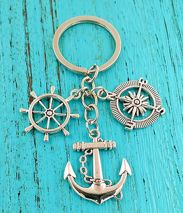 Nautical theme anchor and wheel keychain