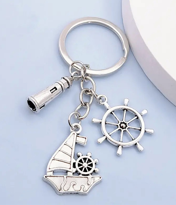 Nautical theme multi charm keychain - yacht wheel