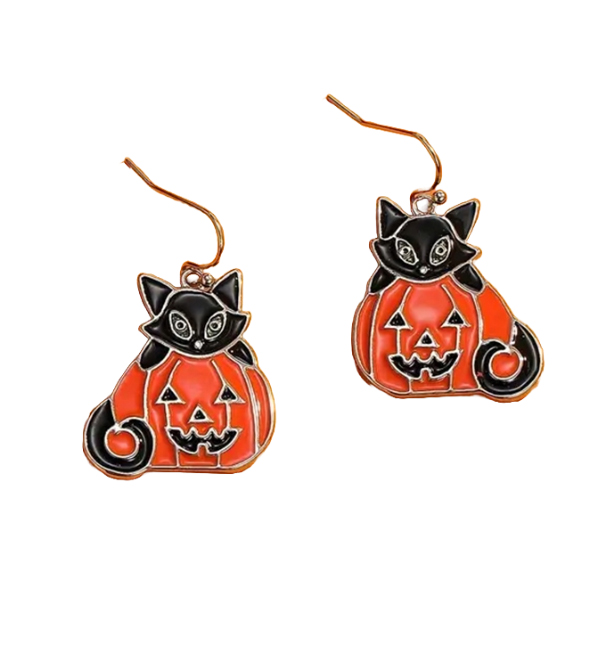 Halloween theme pumpkin and black cat earring
