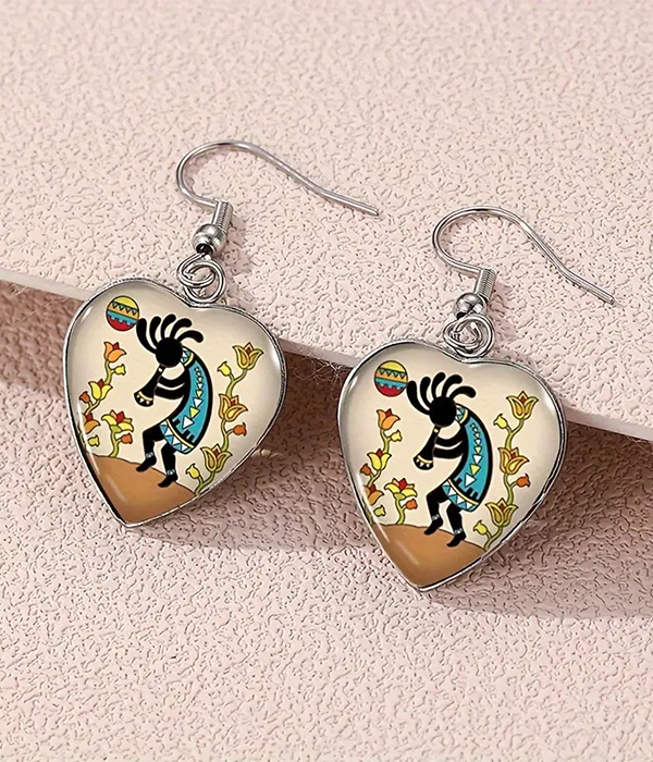 Boho style kokopelli heart earring