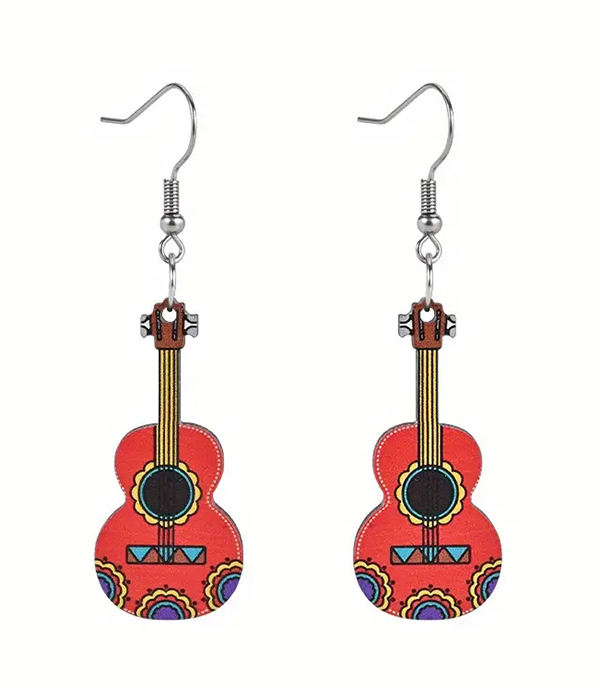 Mexican fiesta wooden guitar earring