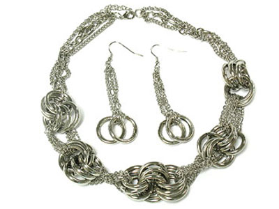 Multi chain and round link necklace and earring set