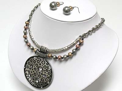 Crystal stud round pendant and tri tone metal ball necklace and earring set