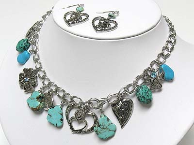 Turquoise stone and multi shape metal charm dangle necklace and earring set