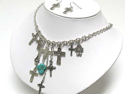 Multi metal cross charm dangle necklace and earring set