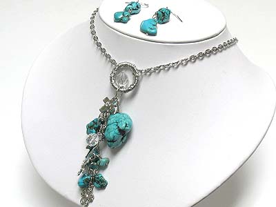 Natural stone and multi charm y drop necklace and earring set